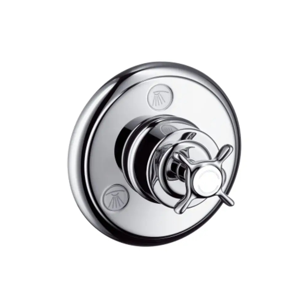 Chromenes Ventil mit Kreuzgriff zur Regelung von Wasserfluss. Produkt von AXOR, unterputzmontiert, mit Symbolen für Wasserstrahl und Temperatur.